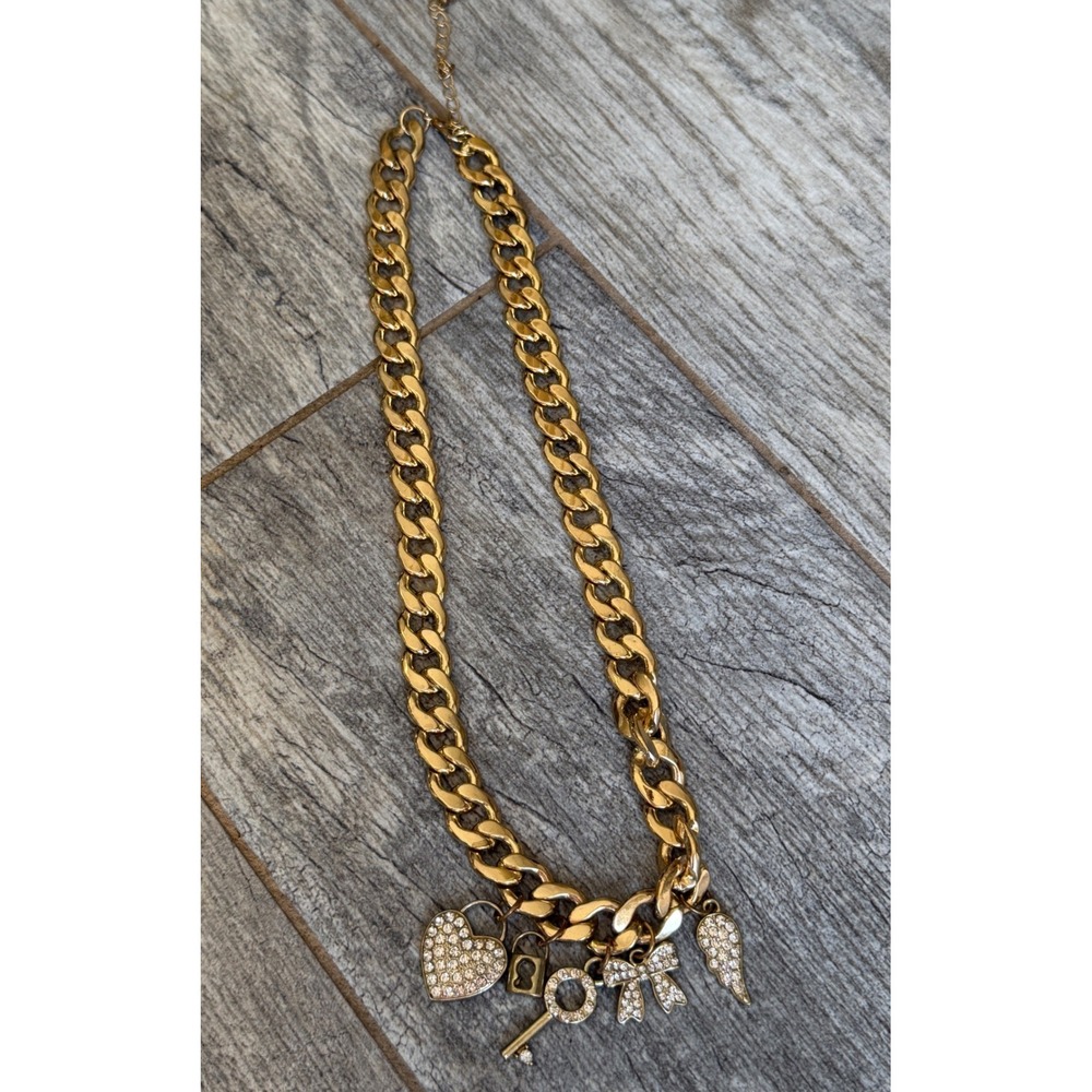 Chunky Curb Chain Necklace Gold Tone Rhinestone Heart Key Bow Charms Juicy Y2K